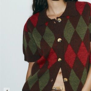 Zara Brown Red Green Argyle Button-Down Top